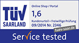 TÜV Saarland - Online Shop / Portal - Note 1,6 - Kundenurteil / Freiwillige Prüfung - 09/2014 Nr. 2346 - tuev-saar.de - Service tested